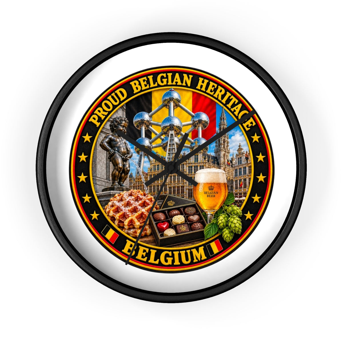 Belgium Heritage Wall Clock — Proud Belgian Icons (Atomium, Manneken Pis, Waffle, Beer)