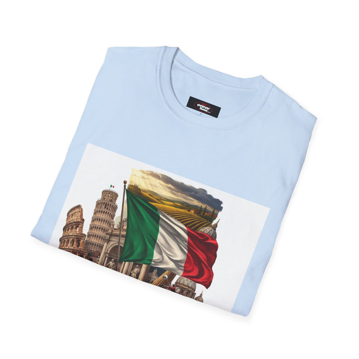 Italian Landmarks & Cuisine T-Shirt — Pizza, Colosseum & Flag Graphic