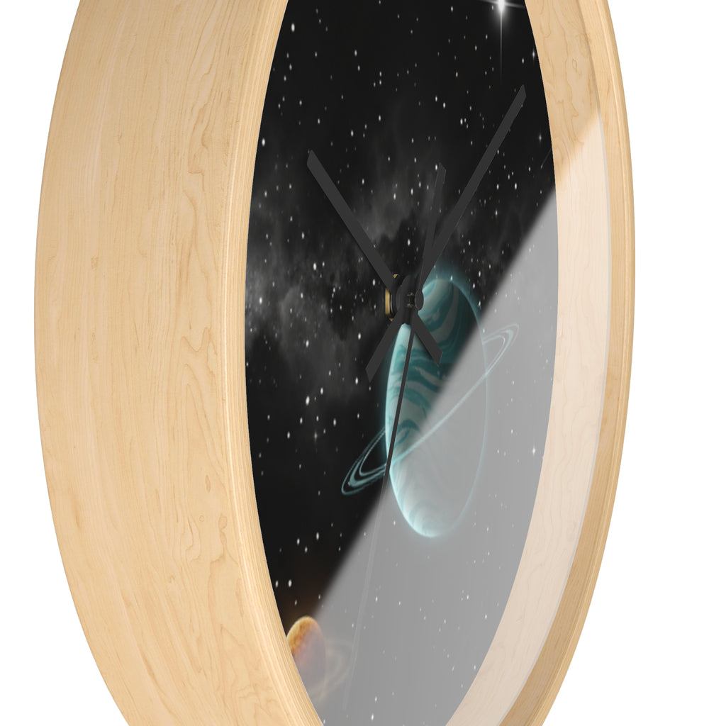 Space Planet Wall Clock — Teal Ringed Planet & Starfield Decorative Clock