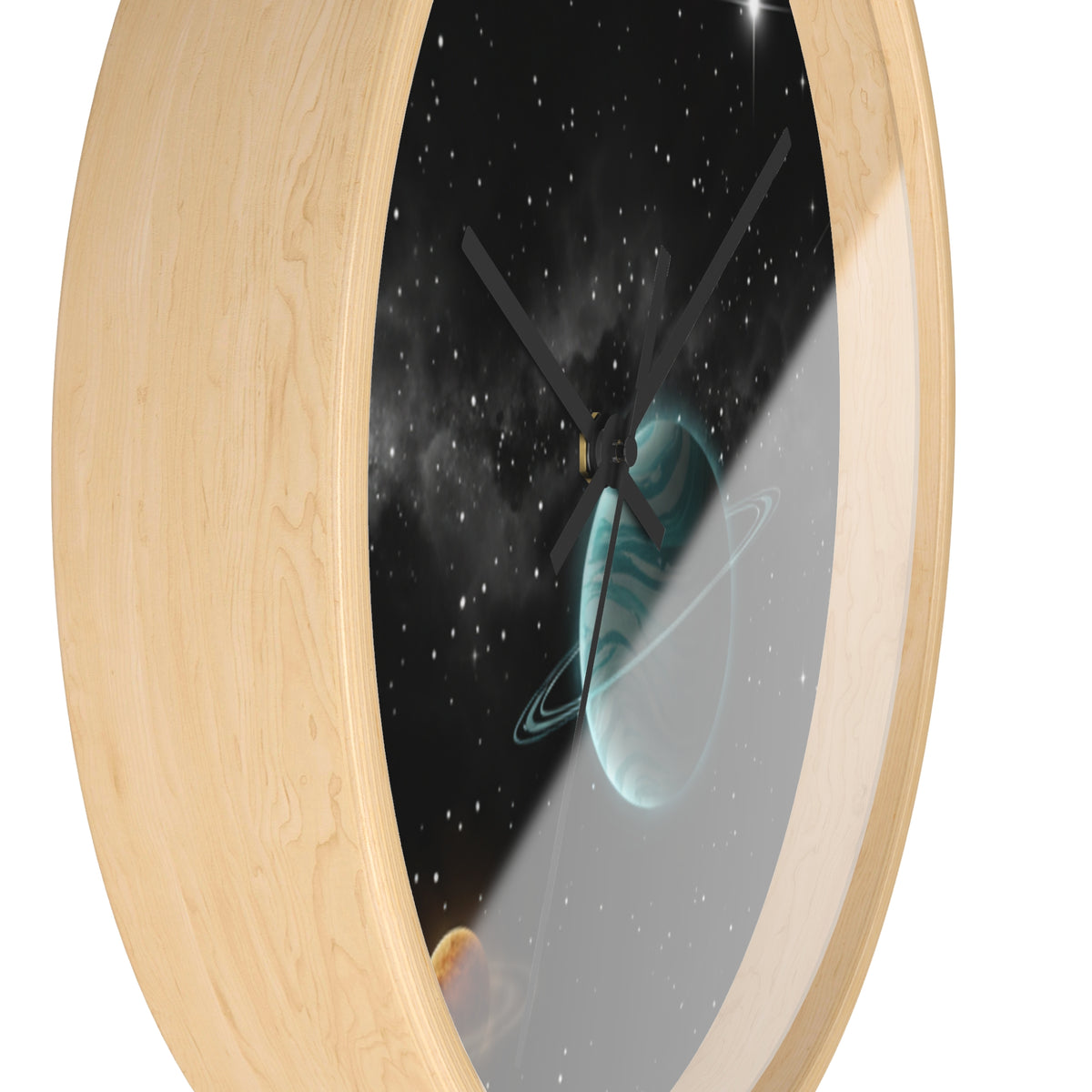 Space Planet Wall Clock — Teal Ringed Planet & Starfield Decorative Clock