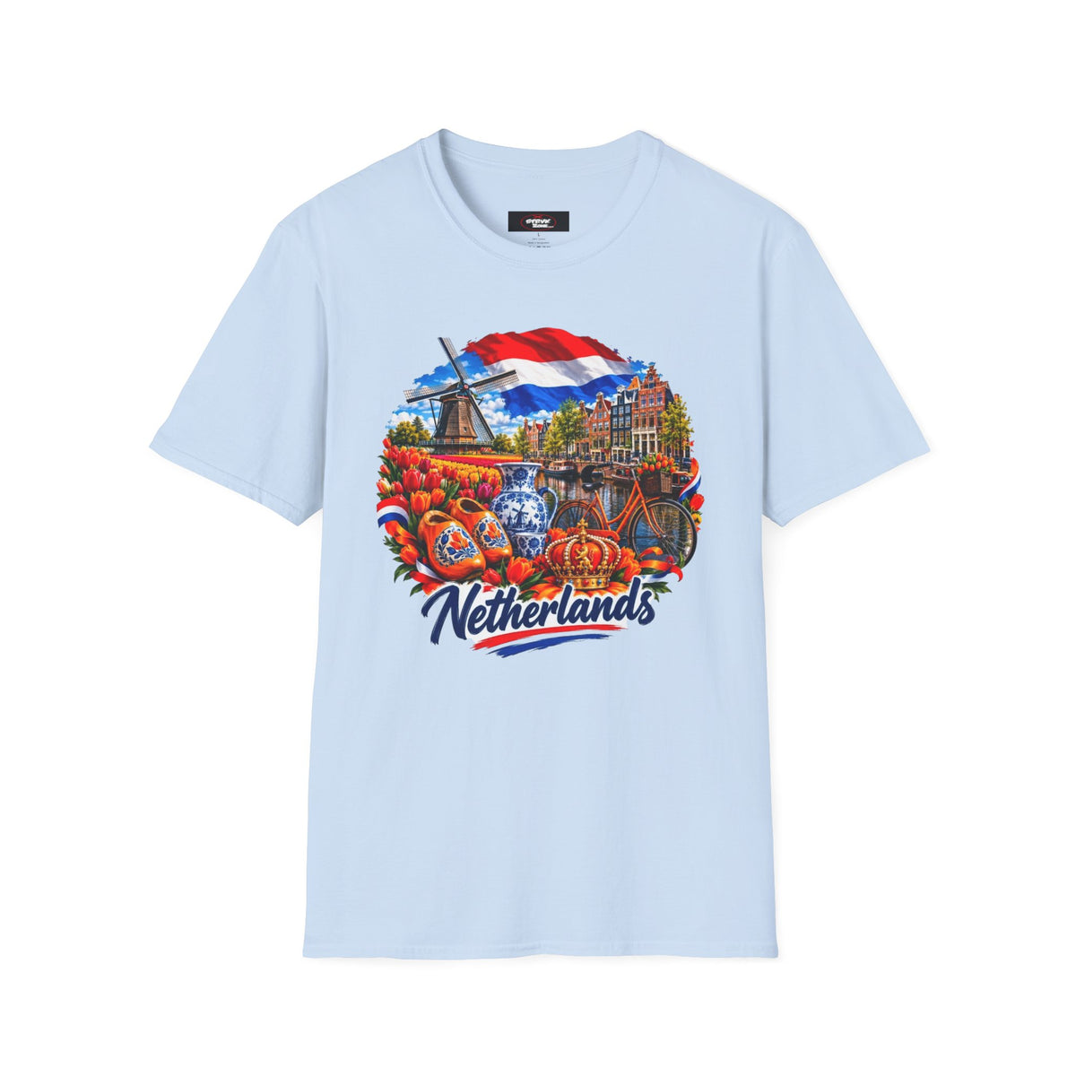 Netherlands Souvenir T-Shirt — Dutch Windmill, Tulips & Flag Design