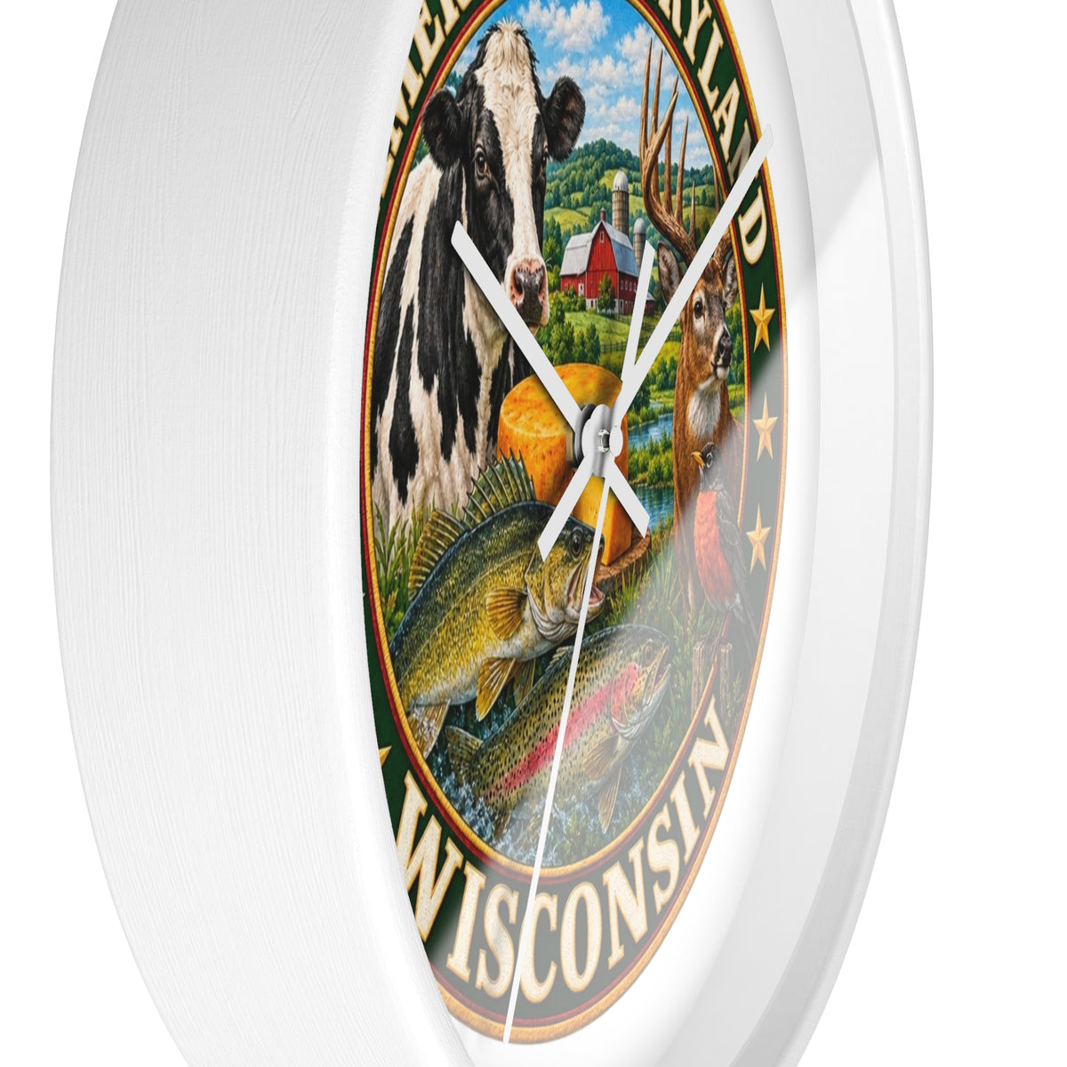 Wisconsin Wall Clock — "America's Dairyland" Rustic Farm & Wildlife Clock