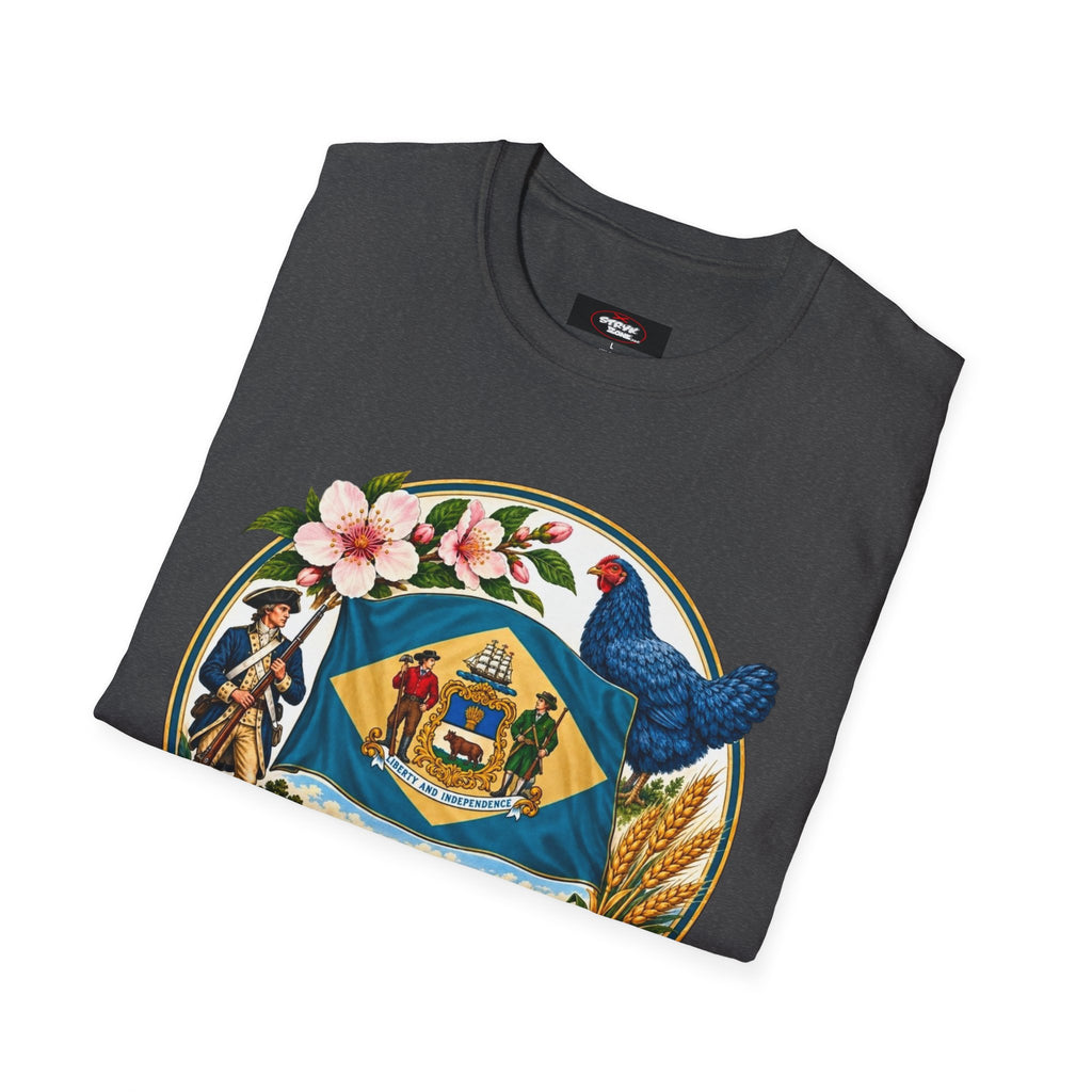 Delaware State Seal Vintage T-Shirt — Floral & Blue Hen State Emblem