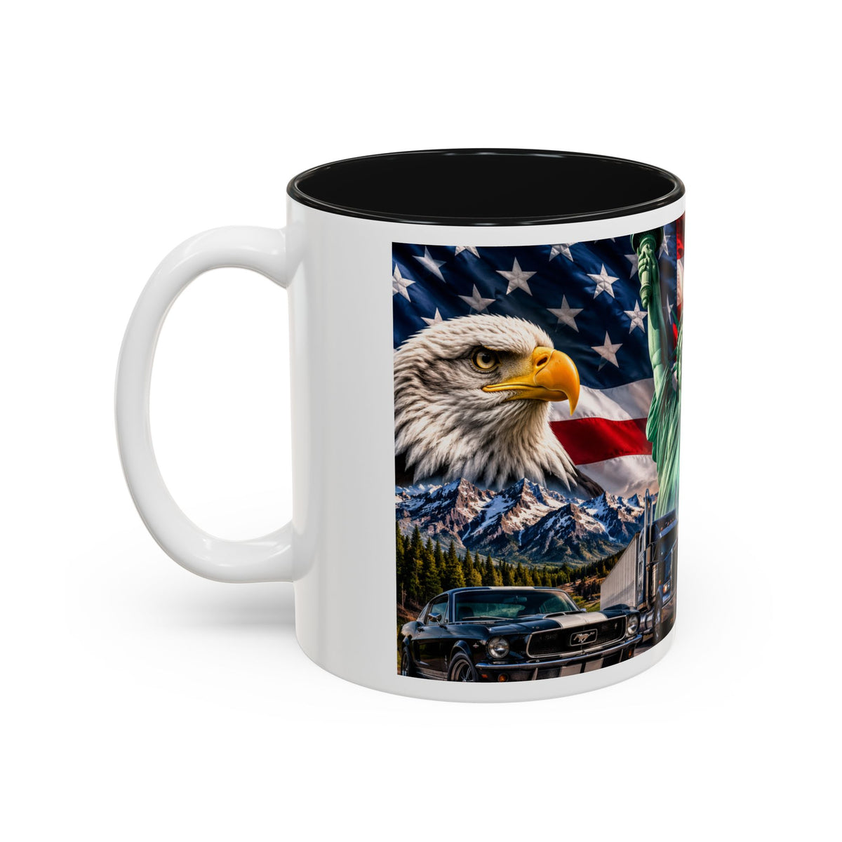 Patriotic USA Collage Mug — Statue of Liberty, Capitol & American Flag (Two-Tone)