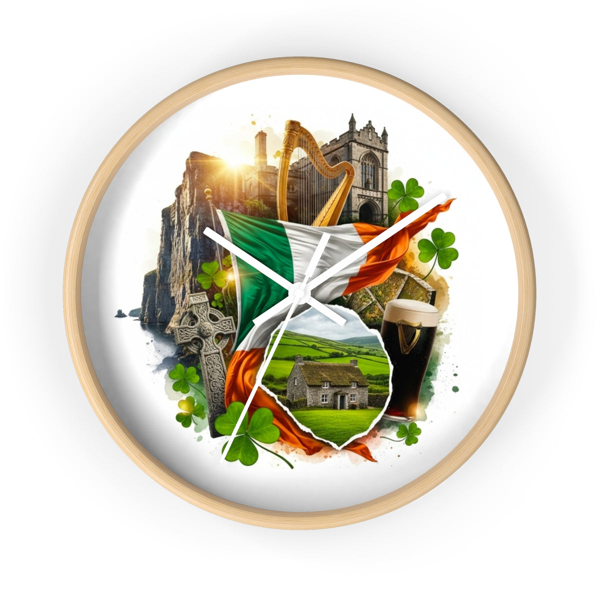 Irish Heritage Wall Clock — Celtic Flag, Shamrocks, Harp & Pub Pint Decor