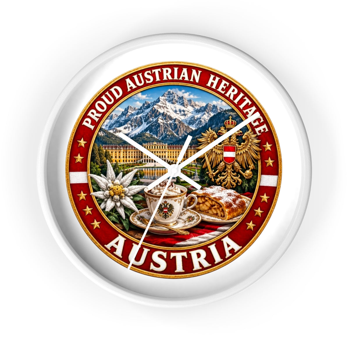 Austria Heritage Wall Clock — Proud Austrian Mountains & Coffee Scene