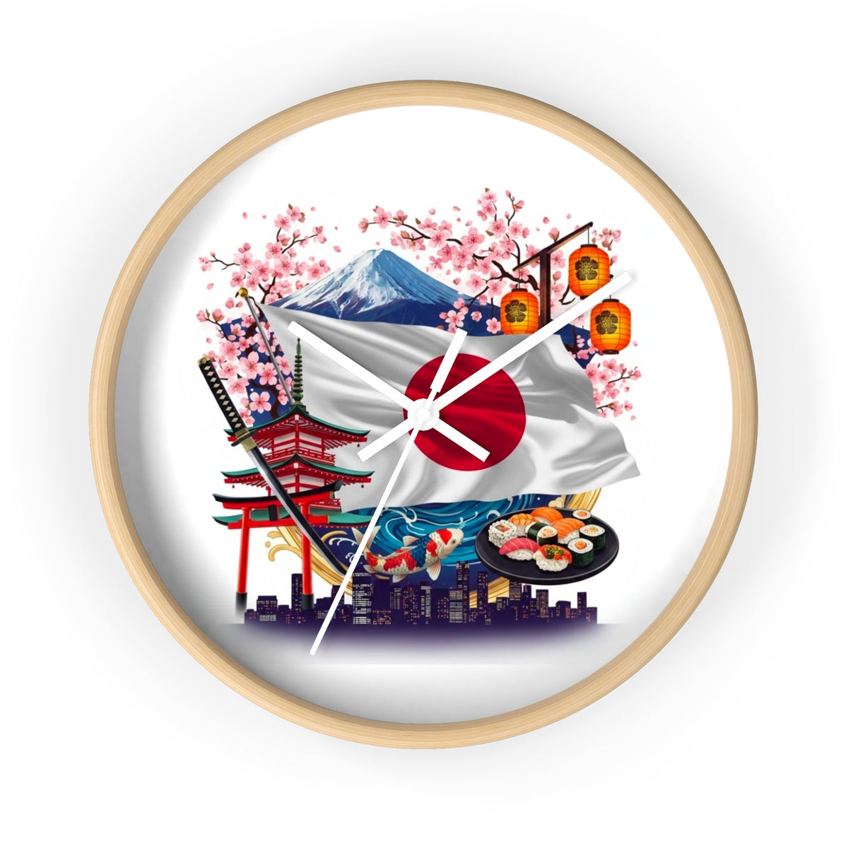 Japanese Flag Wall Clock — Mount Fuji, Sakura & Sushi Decorative Clock