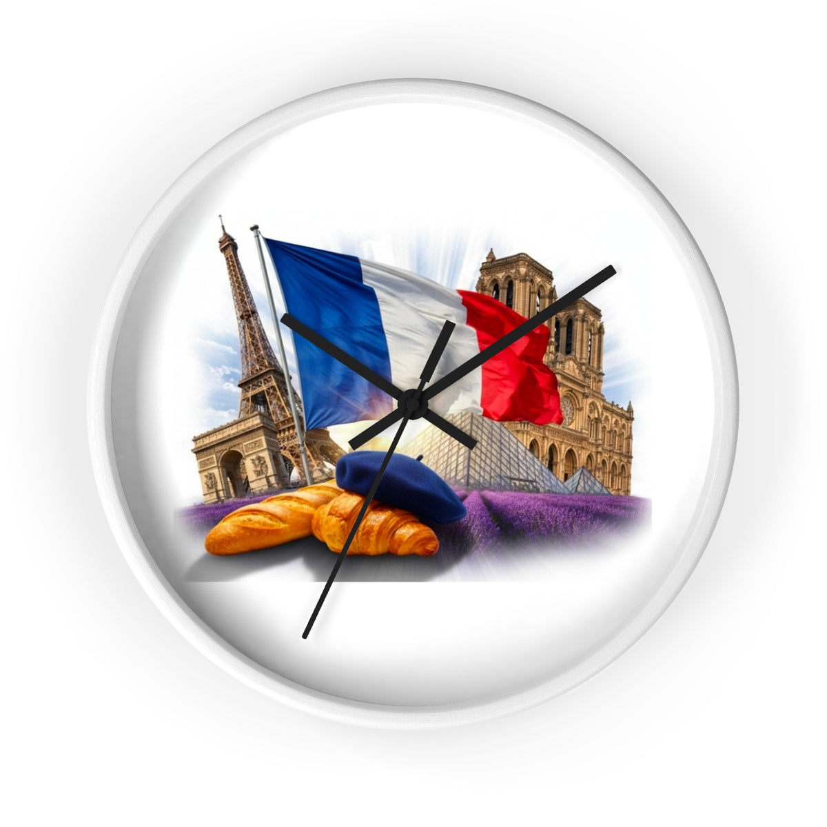 Paris France Wall Clock — Eiffel Tower, Notre-Dame & Croissant Clock