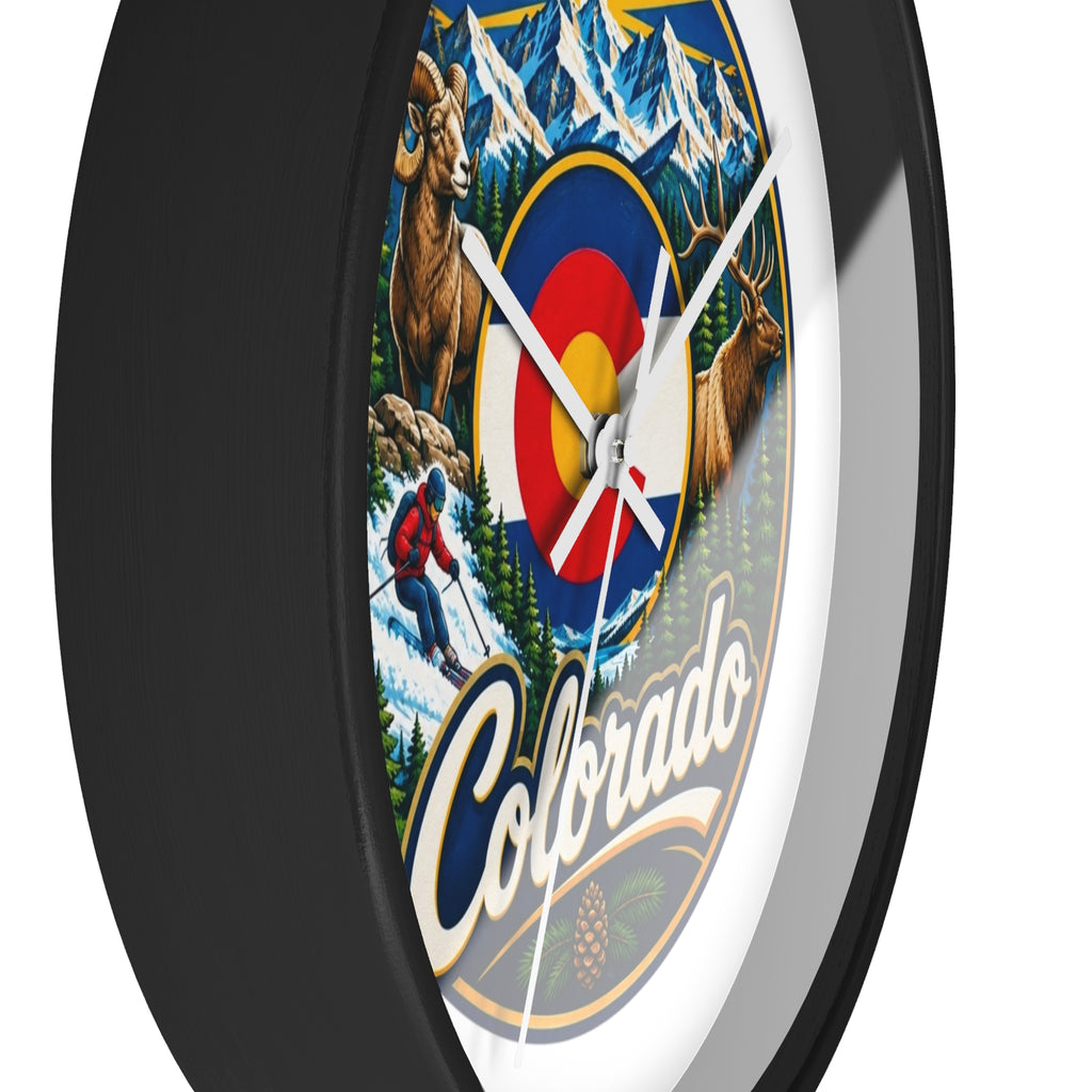 Colorado Mountain Scenic Wall Clock — Skiing, Elk & Bighorn Sheep Design