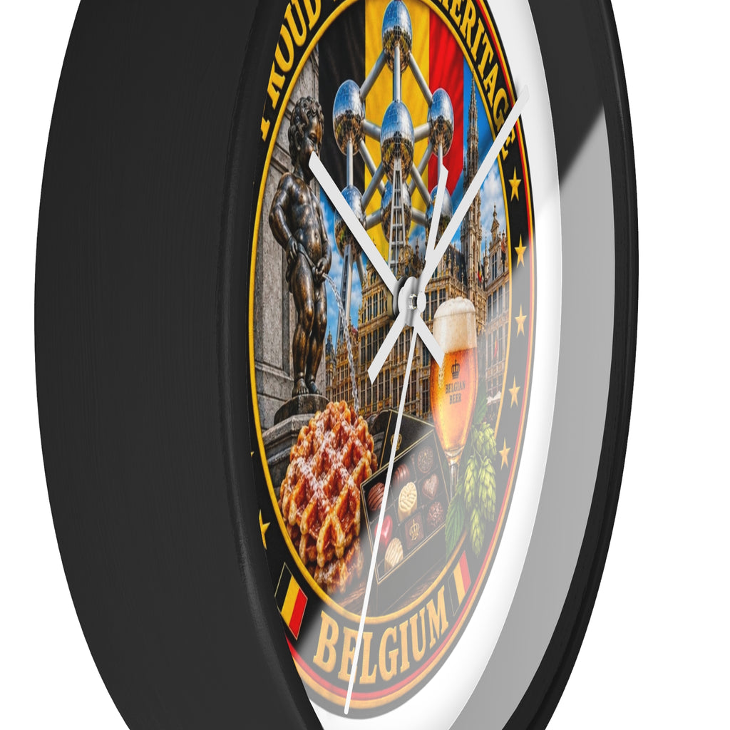 Belgium Heritage Wall Clock — Proud Belgian Icons (Atomium, Manneken Pis, Waffle, Beer)
