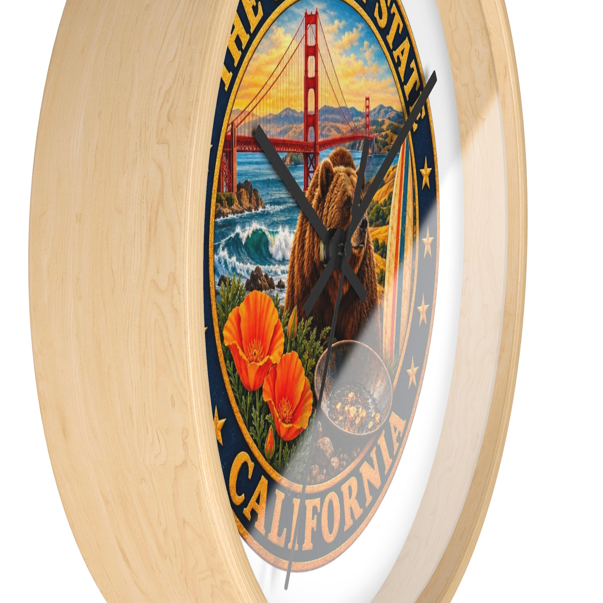 California Golden State Wall Clock — Golden Gate, Bear & Poppies Retro Travel Decor