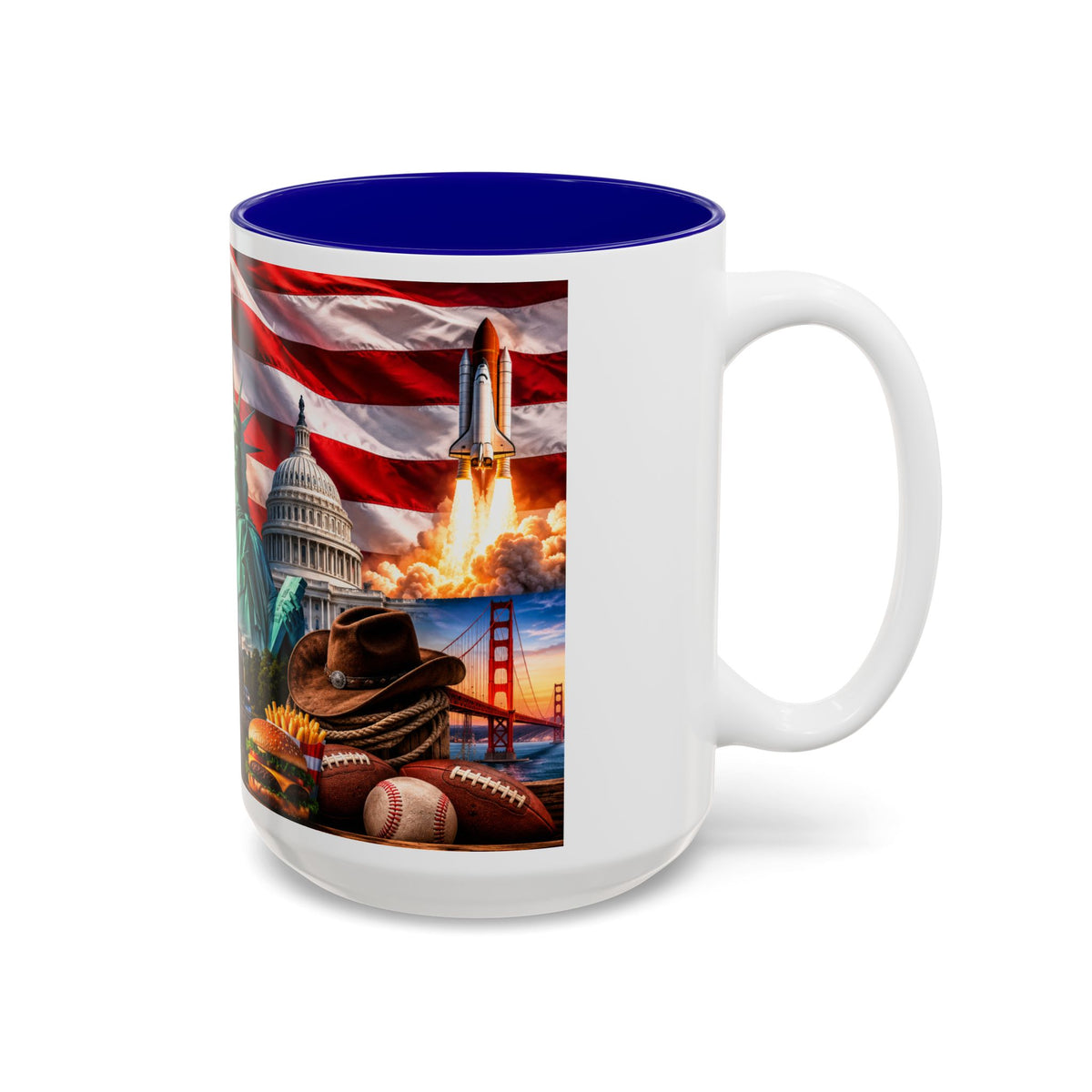Patriotic USA Collage Mug — Statue of Liberty, Capitol & American Flag (Two-Tone)