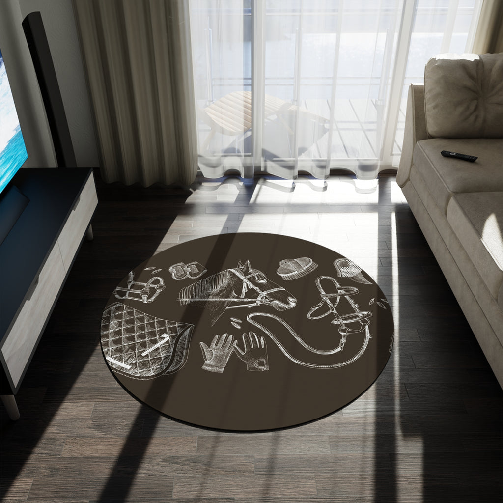Equestrian Chalkboard Round Rug — Horse Tack Pattern Floor Mat