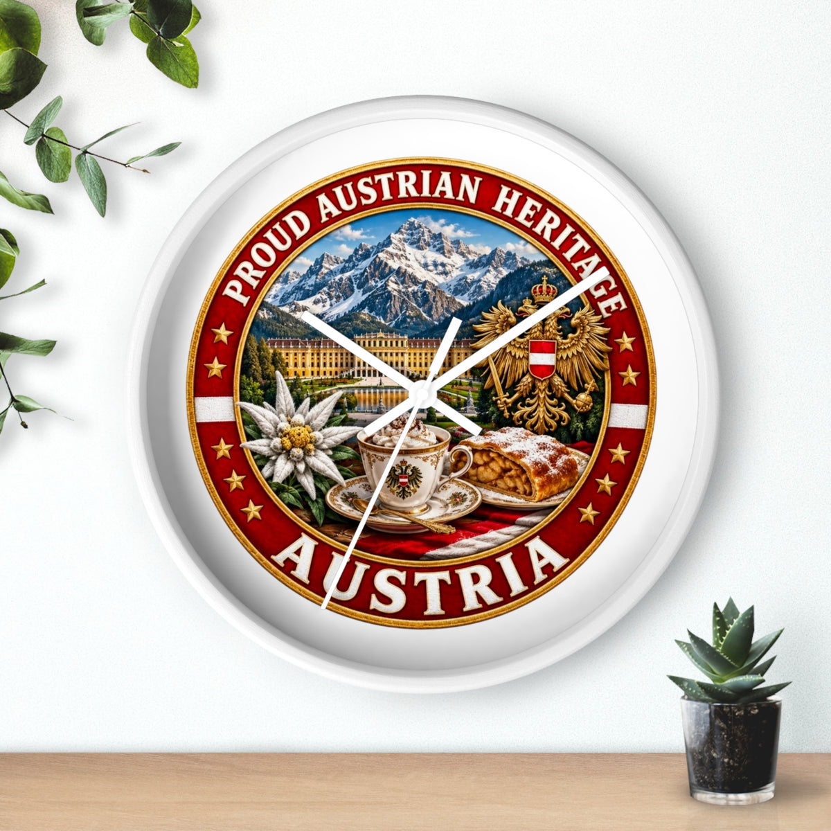 Austria Heritage Wall Clock — Proud Austrian Mountains & Coffee Scene