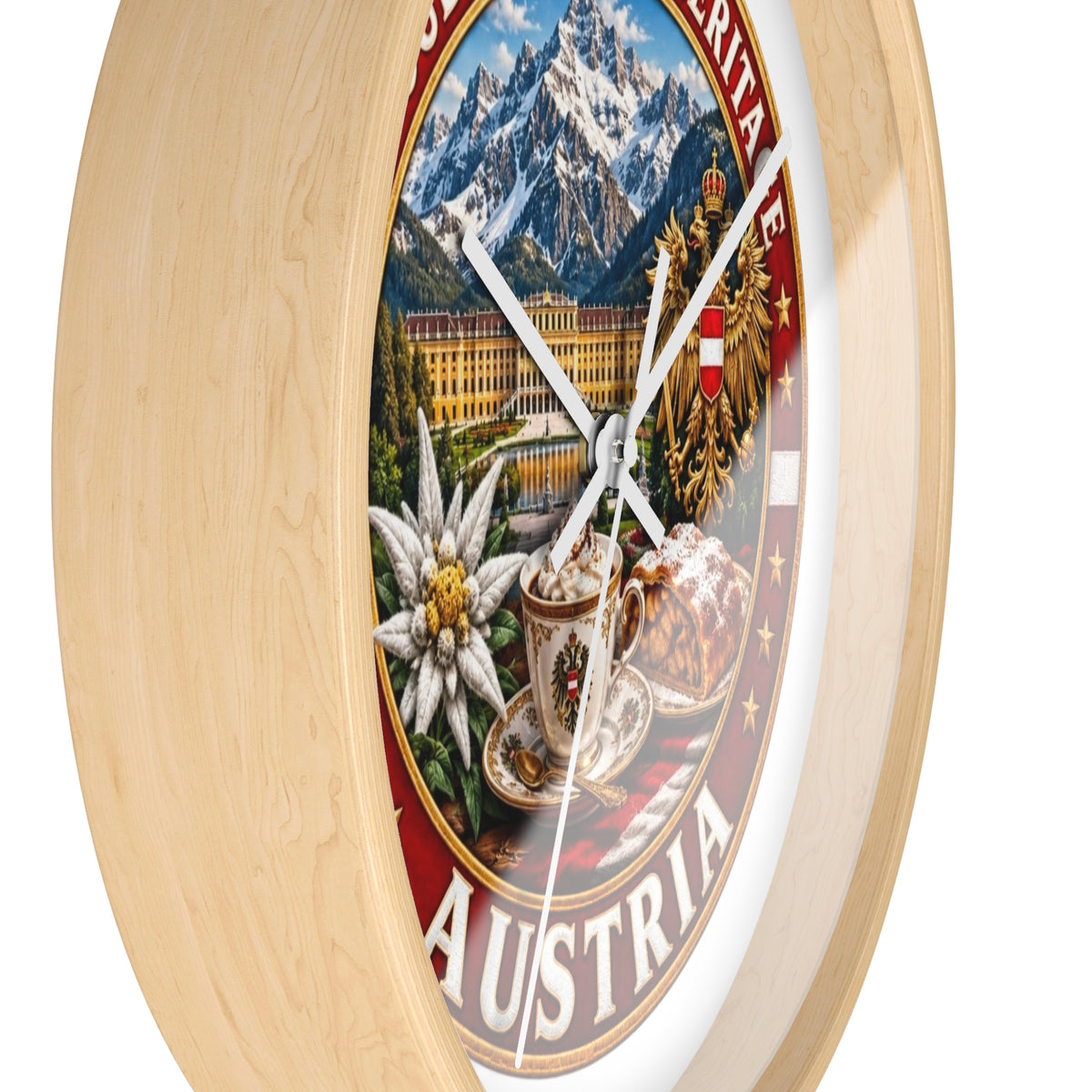 Austria Heritage Wall Clock — Proud Austrian Mountains & Coffee Scene