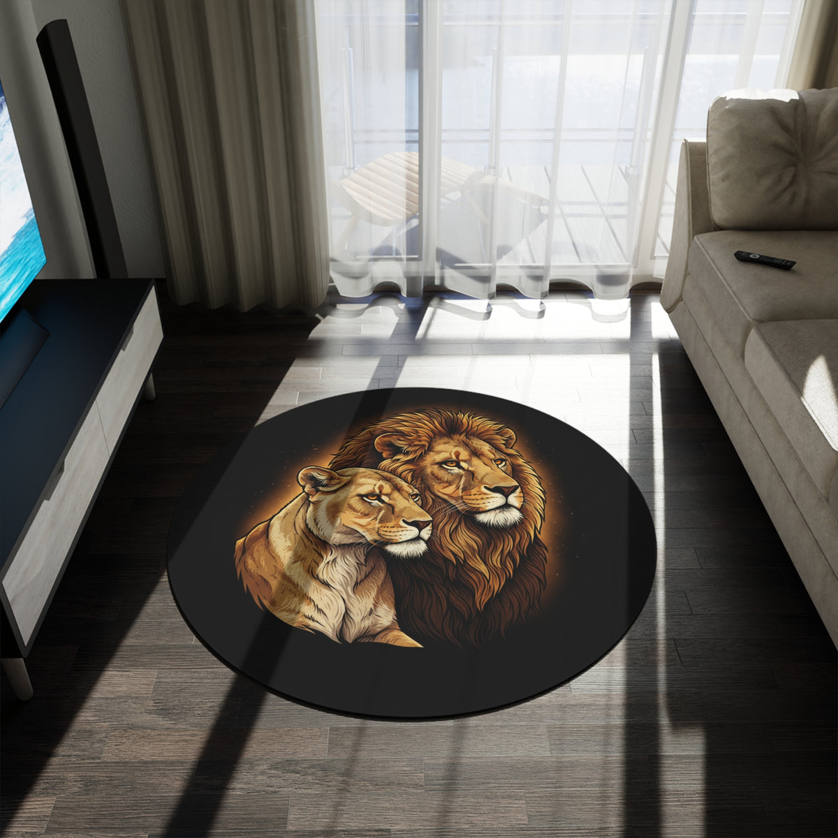 Lion Couple Round Rug — Majestic King & Queen Lioness Decorative Round Mat