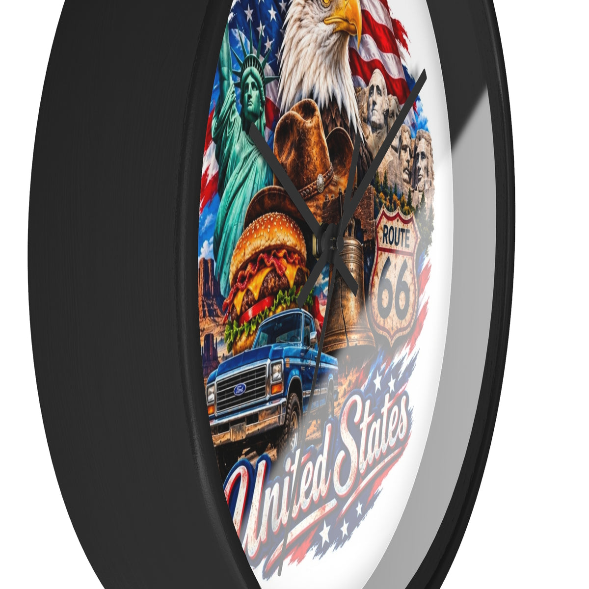 United States Patriotic Wall Clock — Eagle, Route 66 & American Landmarks