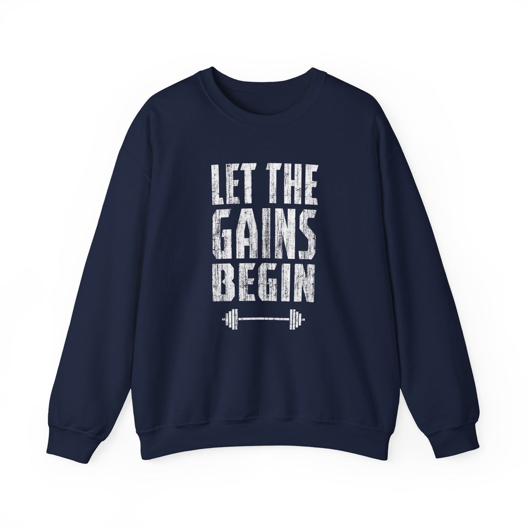 Motivated Muscle Gains graphic on a crewneck sweatshirt