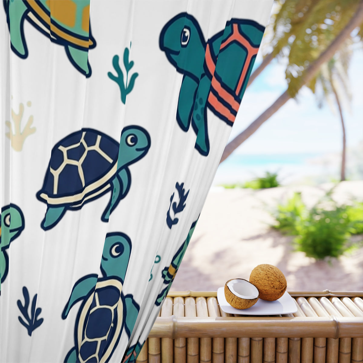 Sea Turtle Window Curtain — Cute Nautical Kids Curtain, Marine Turtle Pattern Drapery for Nursery or Beach-Themed Room
