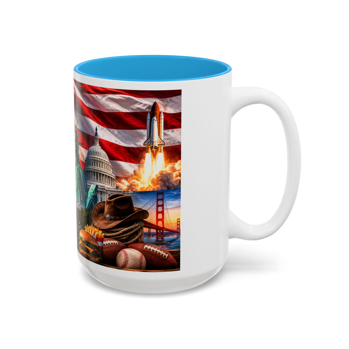 Patriotic USA Collage Mug — Statue of Liberty, Capitol & American Flag (Two-Tone)