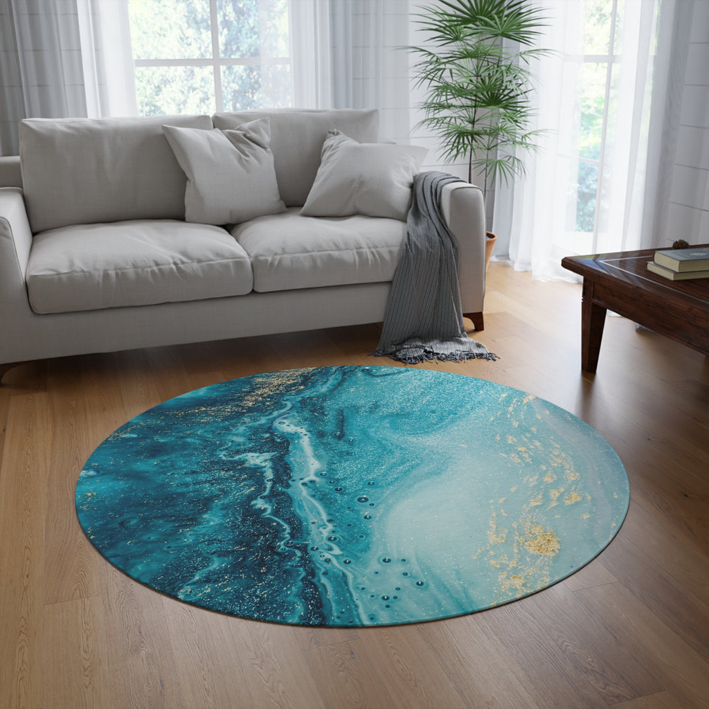 Teal Marble Round Rug – Ocean-Inspired Circular Area Rug with Gold Accents