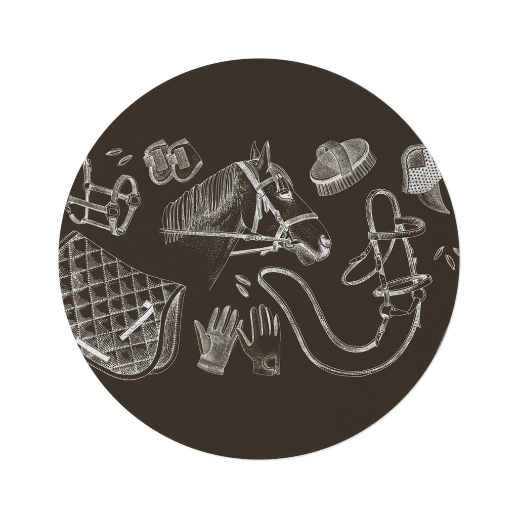 Equestrian Chalkboard Round Rug — Horse Tack Pattern Floor Mat