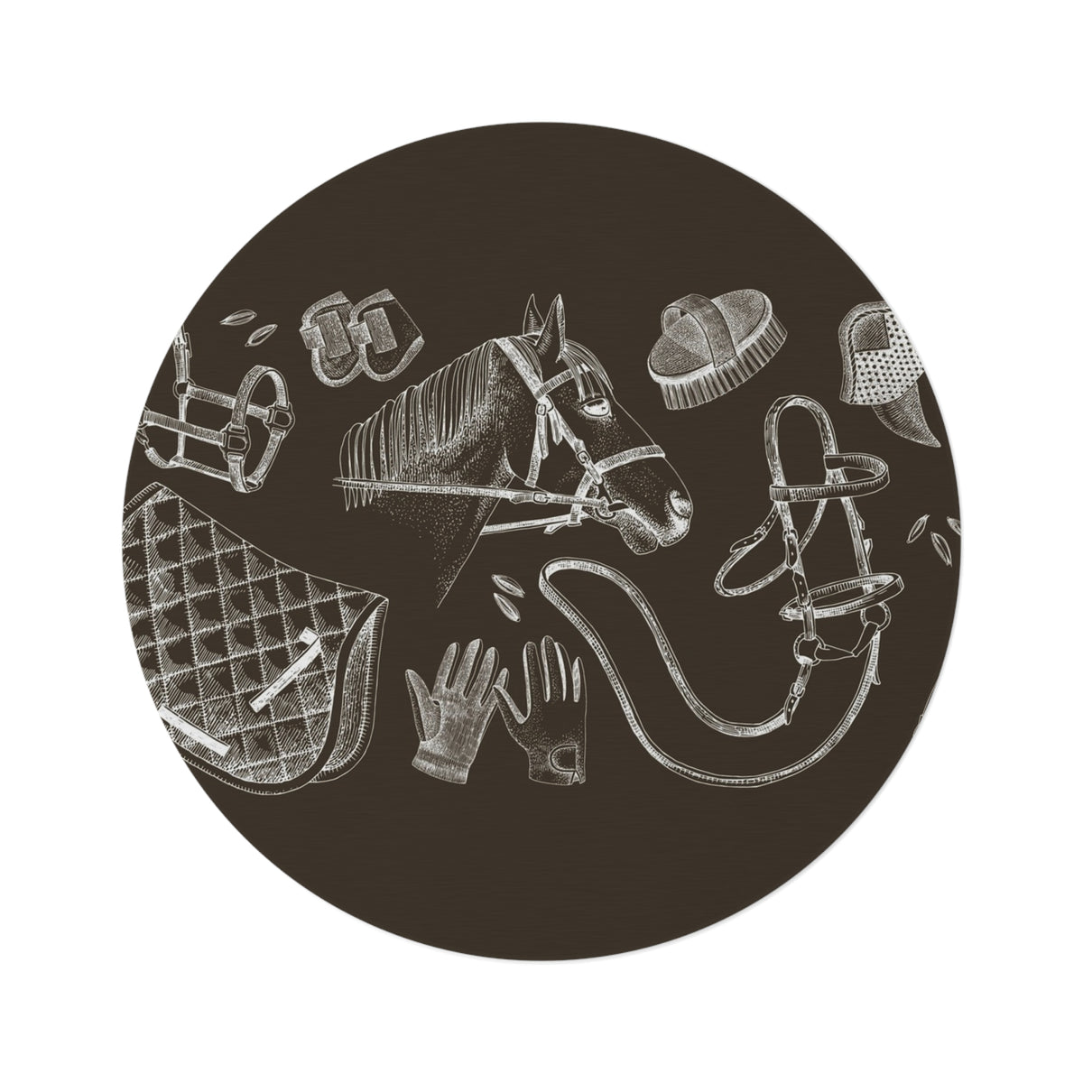 Equestrian Chalkboard Round Rug — Horse Tack Pattern Floor Mat