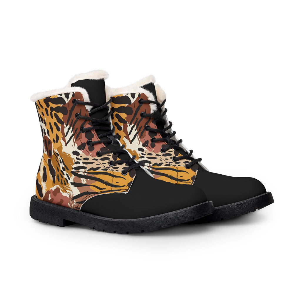 Men's Fur-Lined Leather Boots — Tiger Print Accent, Warm Winter Combat Style