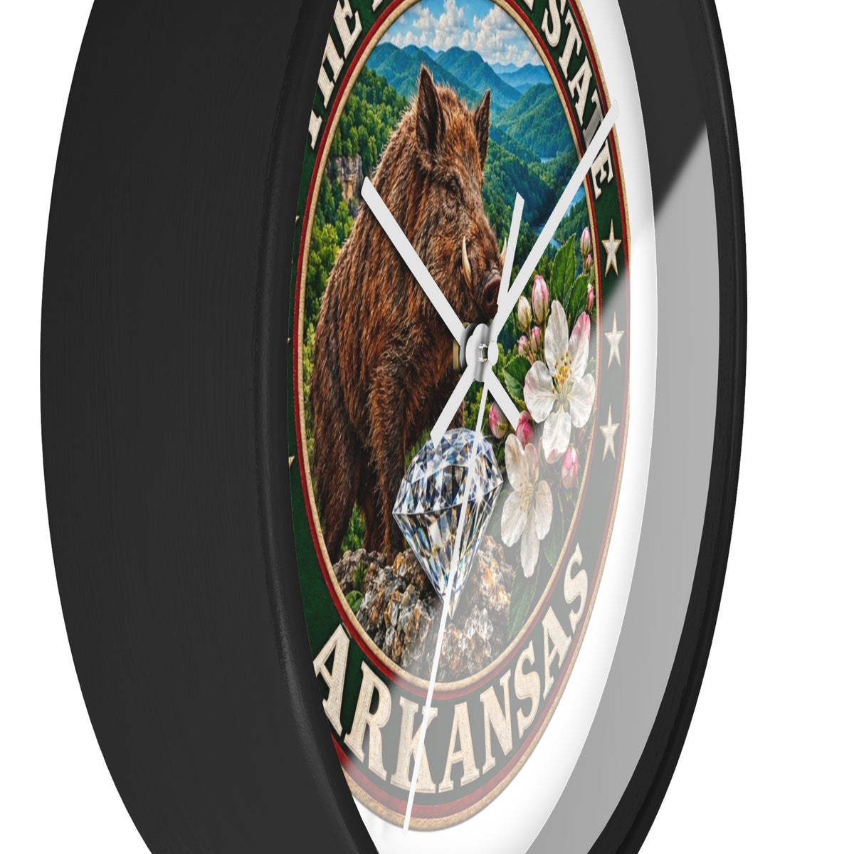 Arkansas State Seal Decorative Wall Clock — 'The Natural State' Bear, Diamond & Apple Blossom Design