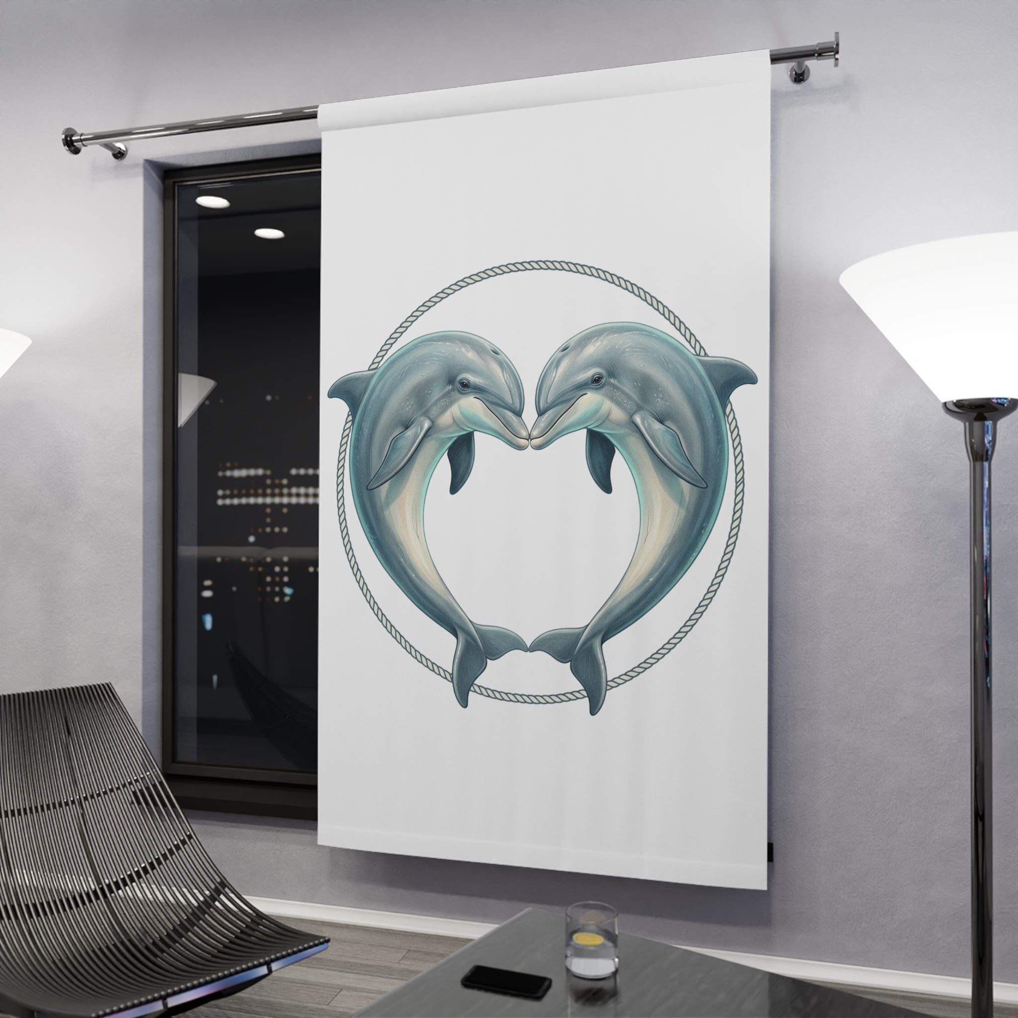 Dolphin Heart Window Curtain – Nautical Coastal Drapery Panel