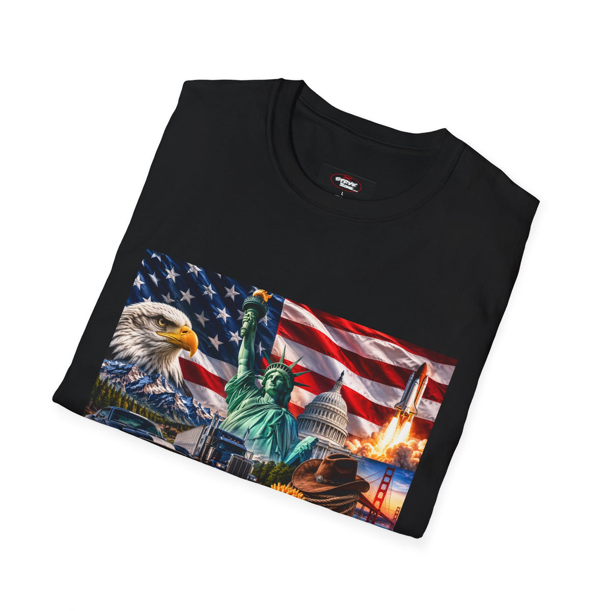Patriotic USA Montage T-Shirt – Eagle, Statue of Liberty & American Flag Design