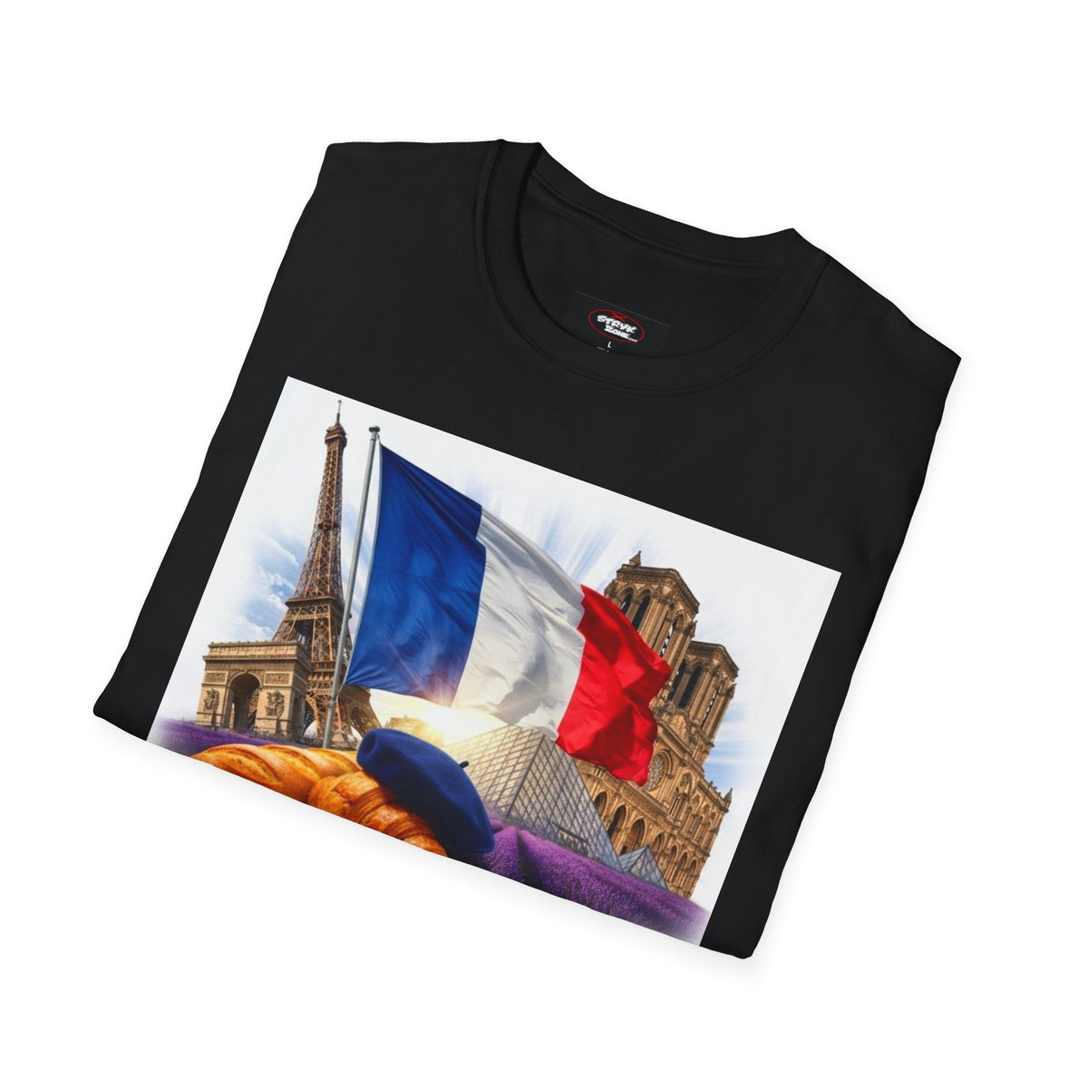 French Flag & Landmark T-Shirt — Eiffel Tower, Notre-Dame & Croissant Graphic