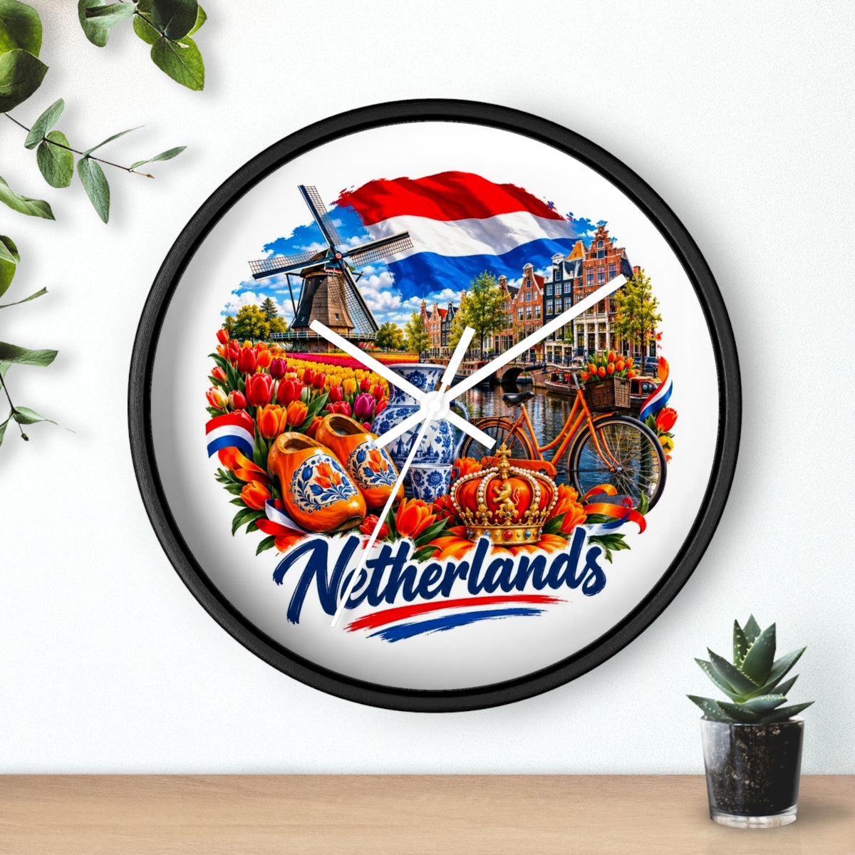 Netherlands Wall Clock – Dutch Tulips, Windmill & Canal Souvenir Clock