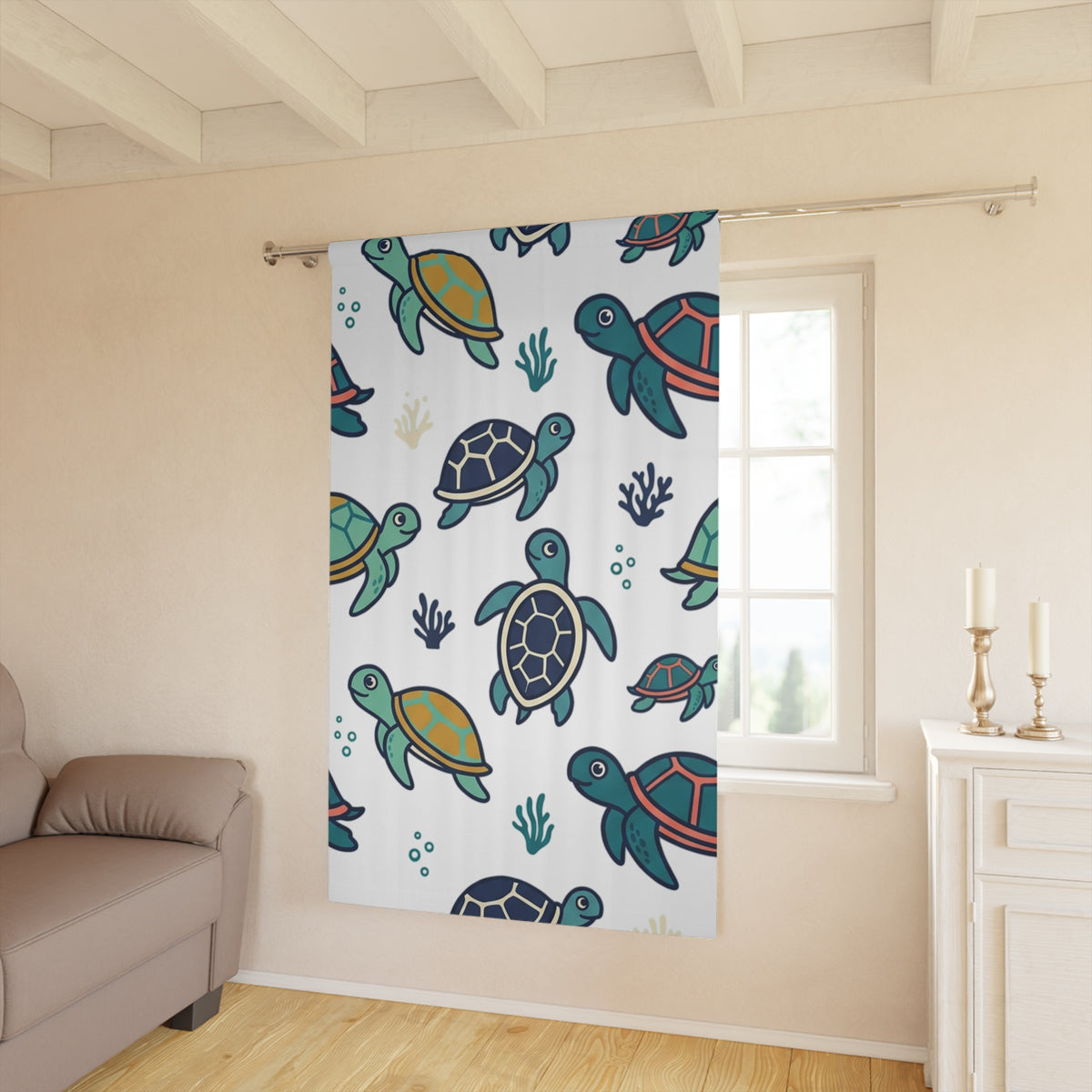 Sea Turtle Window Curtain — Cute Nautical Kids Curtain, Marine Turtle Pattern Drapery for Nursery or Beach-Themed Room
