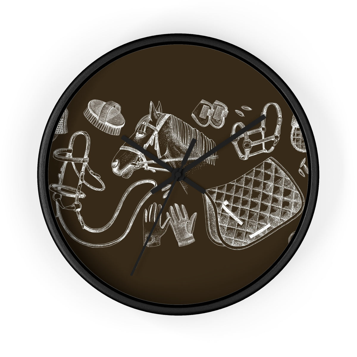 Equestrian Gear Wall Clock — Vintage Horse Tack Silhouette