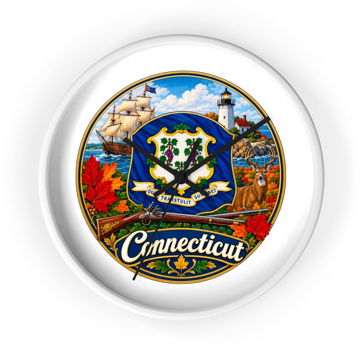 Connecticut State Emblem Wall Clock — Scenic Lighthouse, Ship & Maple Leaf Decor