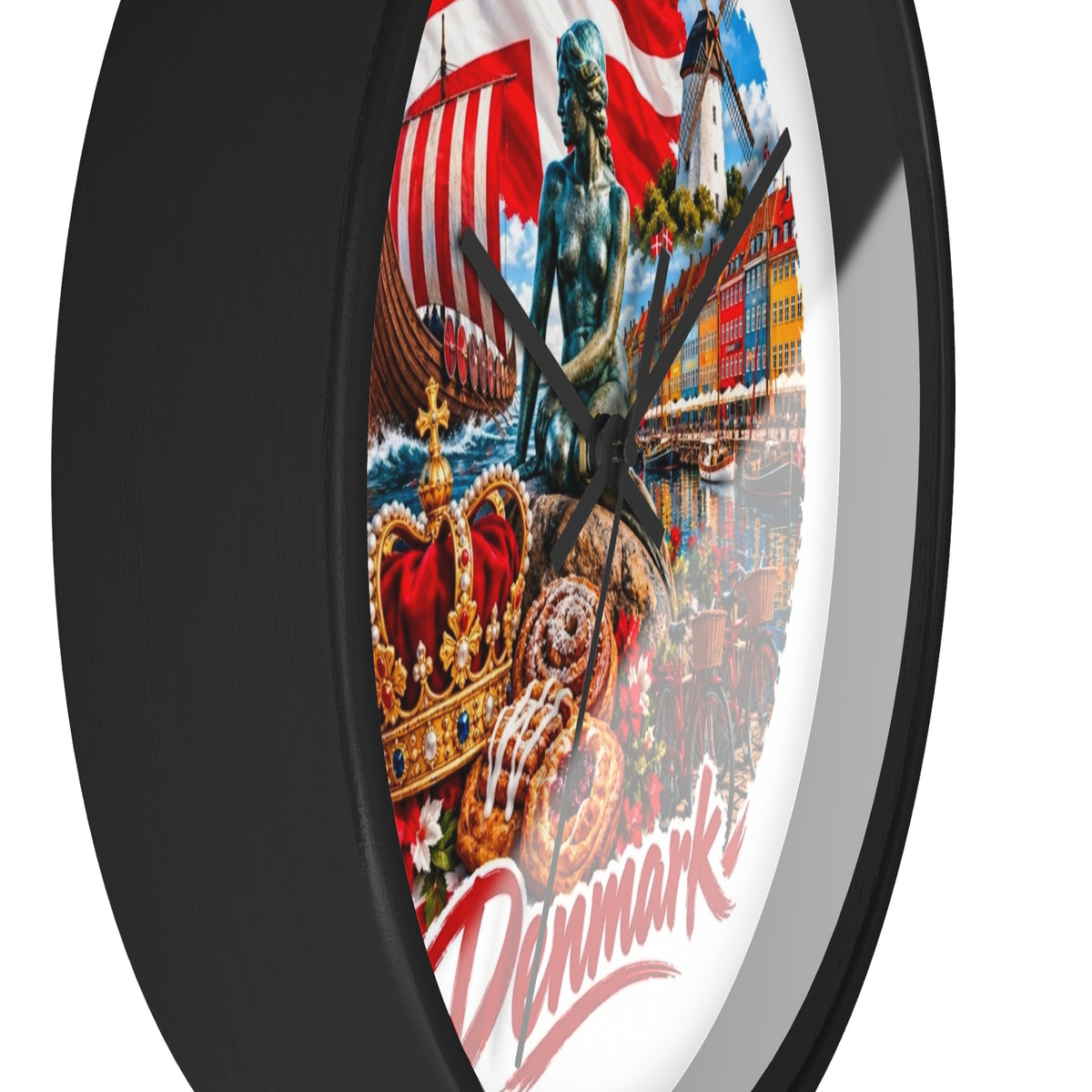 Denmark Wall Clock — Copenhagen Icons: Little Mermaid, Nyhavn, Viking Longship & Danish Pastries