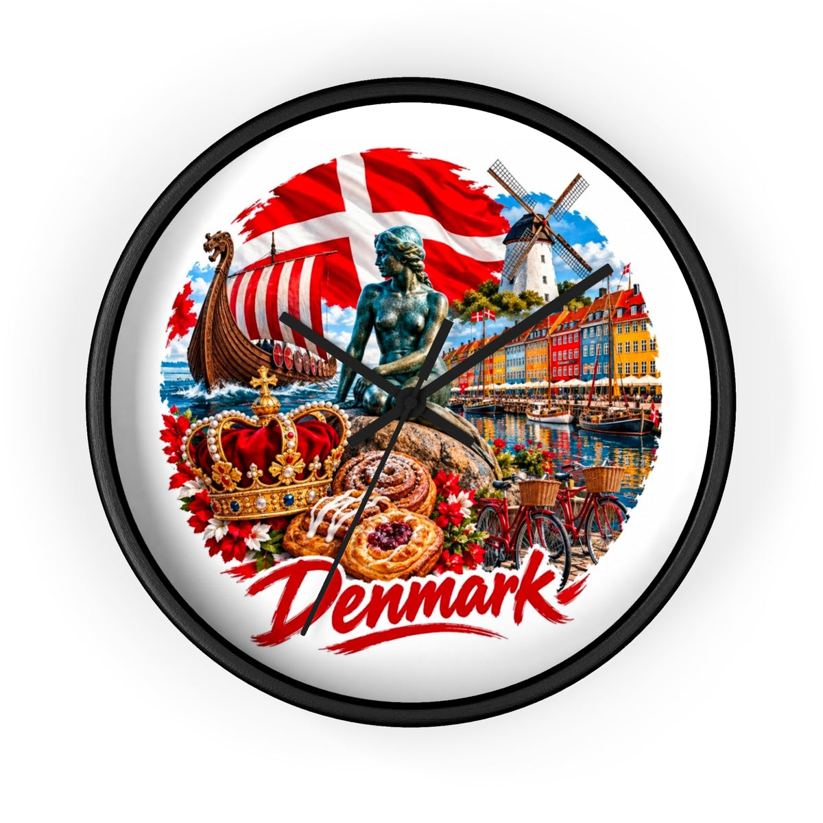 Denmark Wall Clock — Copenhagen Icons: Little Mermaid, Nyhavn, Viking Longship & Danish Pastries