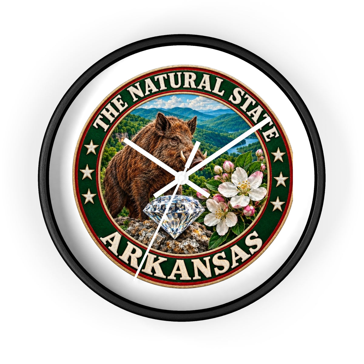 Arkansas State Seal Decorative Wall Clock — 'The Natural State' Bear, Diamond & Apple Blossom Design