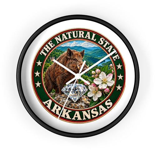 Arkansas State Seal Decorative Wall Clock — 'The Natural State' Bear, Diamond & Apple Blossom Design