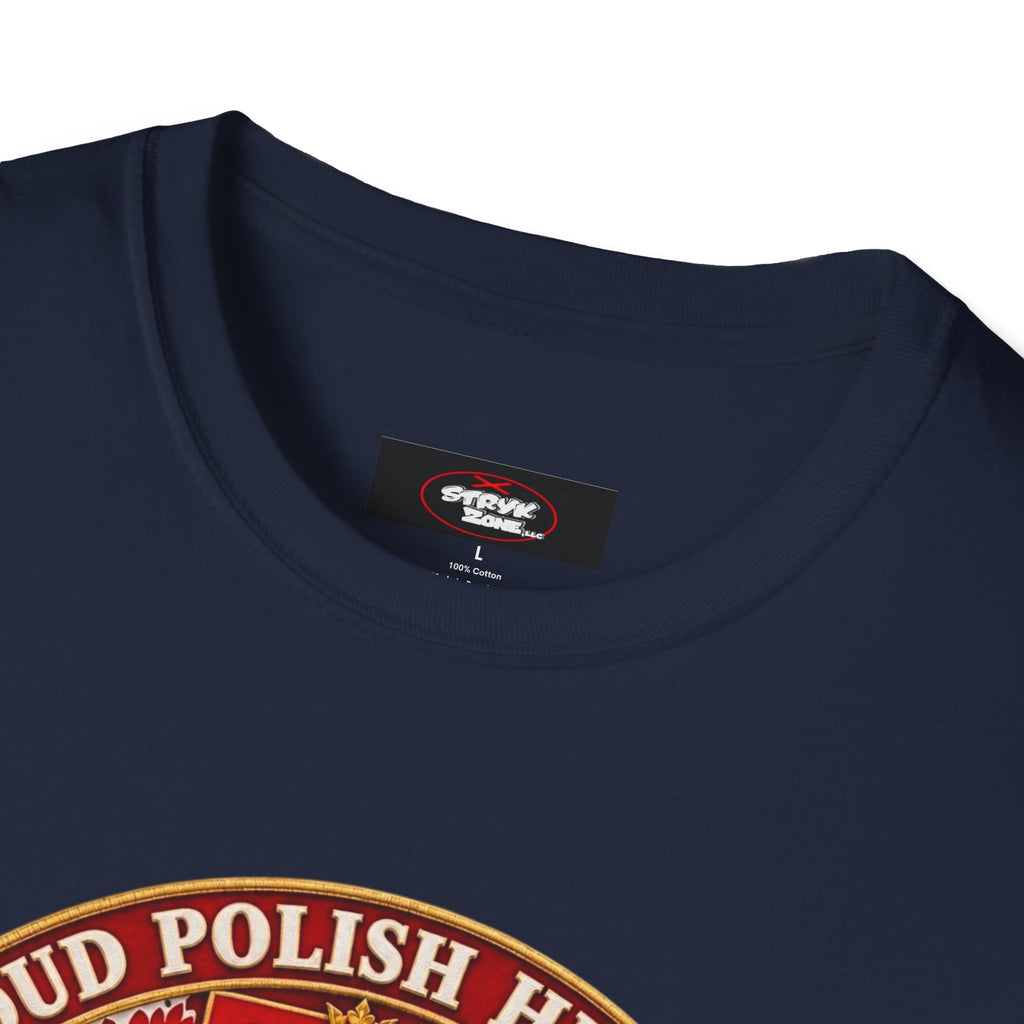 Poland Pride T-Shirt — "Proud Polish Heritage" Circle Crest with White Eagle and Floral Motif