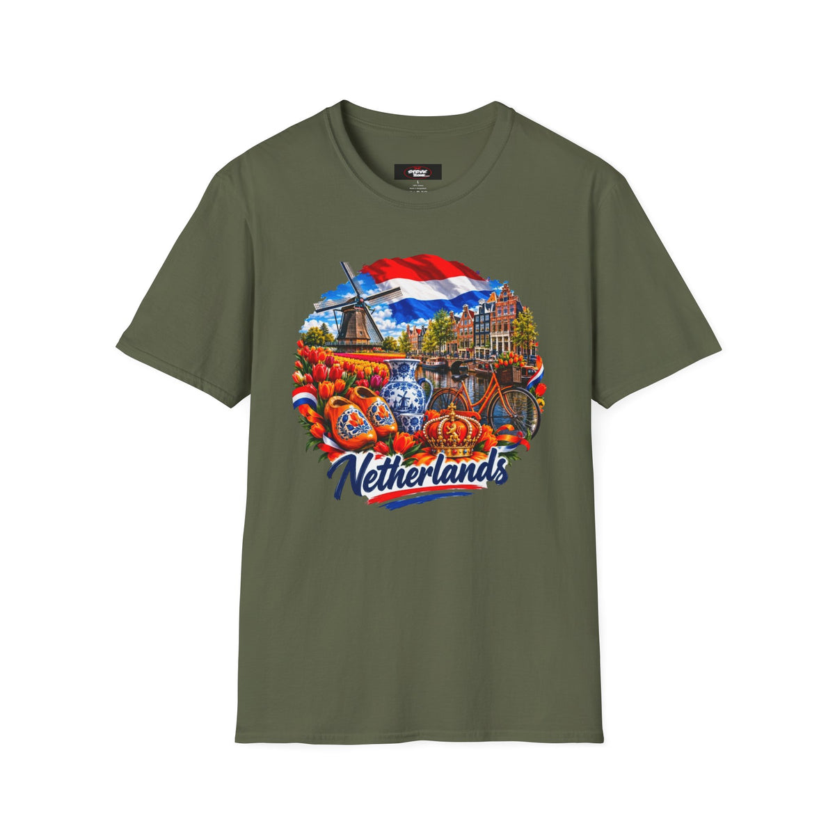 Netherlands Souvenir T-Shirt — Dutch Windmill, Tulips & Flag Design
