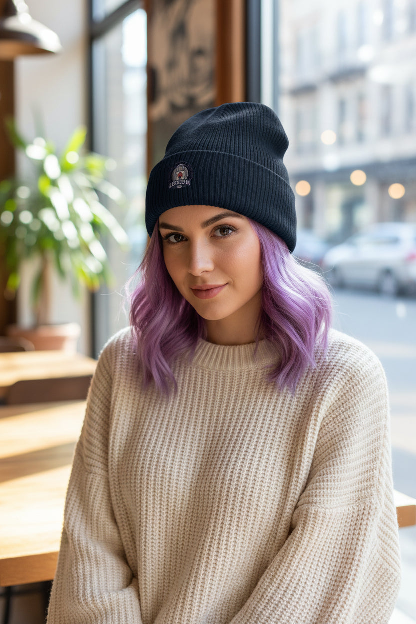 Embroidered Ribbed Beanie with 'Locked In' Logo – Warm Winter Knit Cap