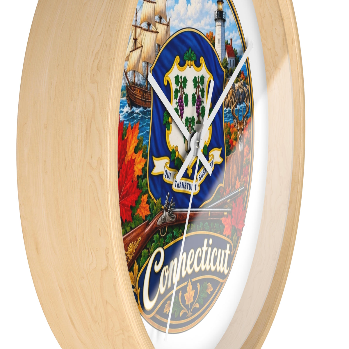 Connecticut State Emblem Wall Clock — Scenic Lighthouse, Ship & Maple Leaf Decor