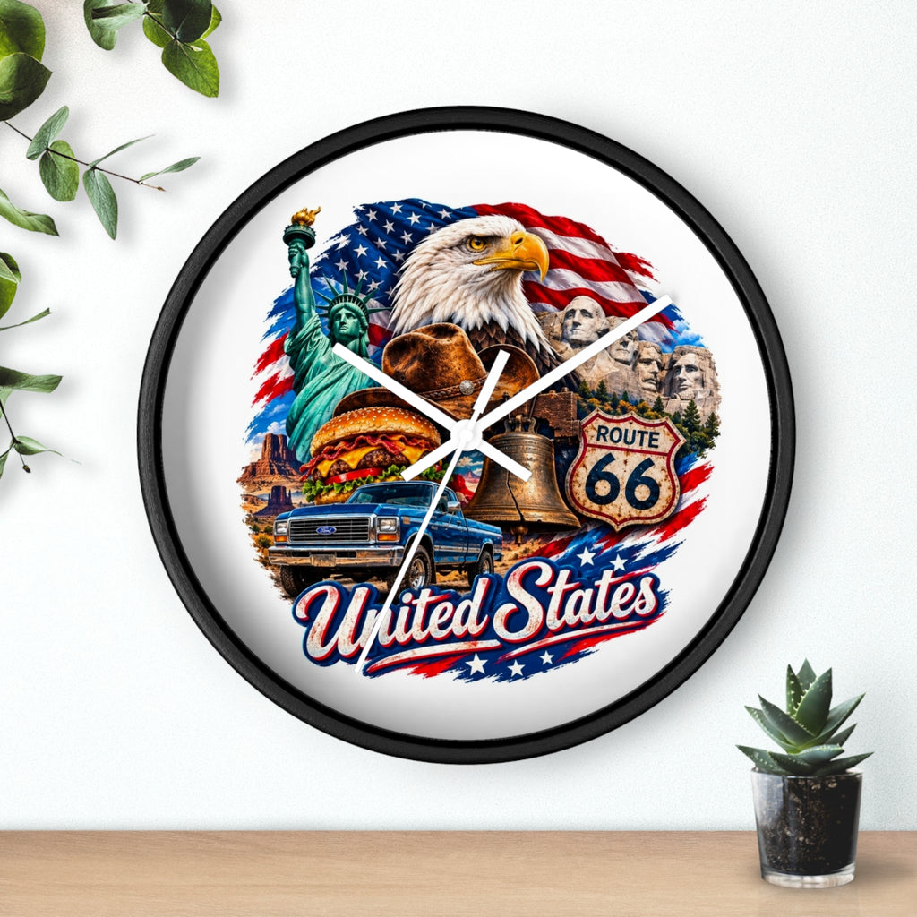 United States Patriotic Wall Clock — Eagle, Route 66 & American Landmarks