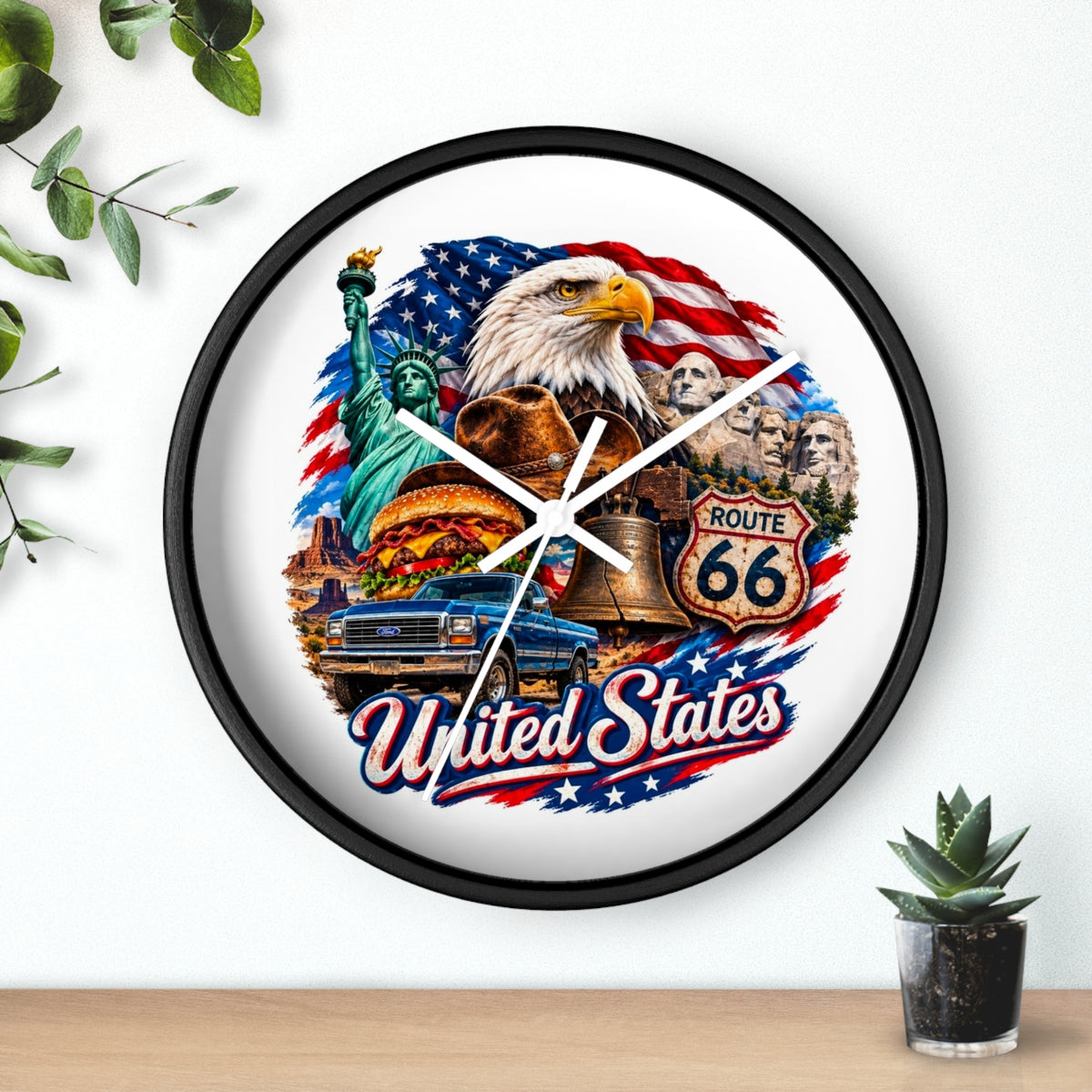 United States Patriotic Wall Clock — Eagle, Route 66 & American Landmarks