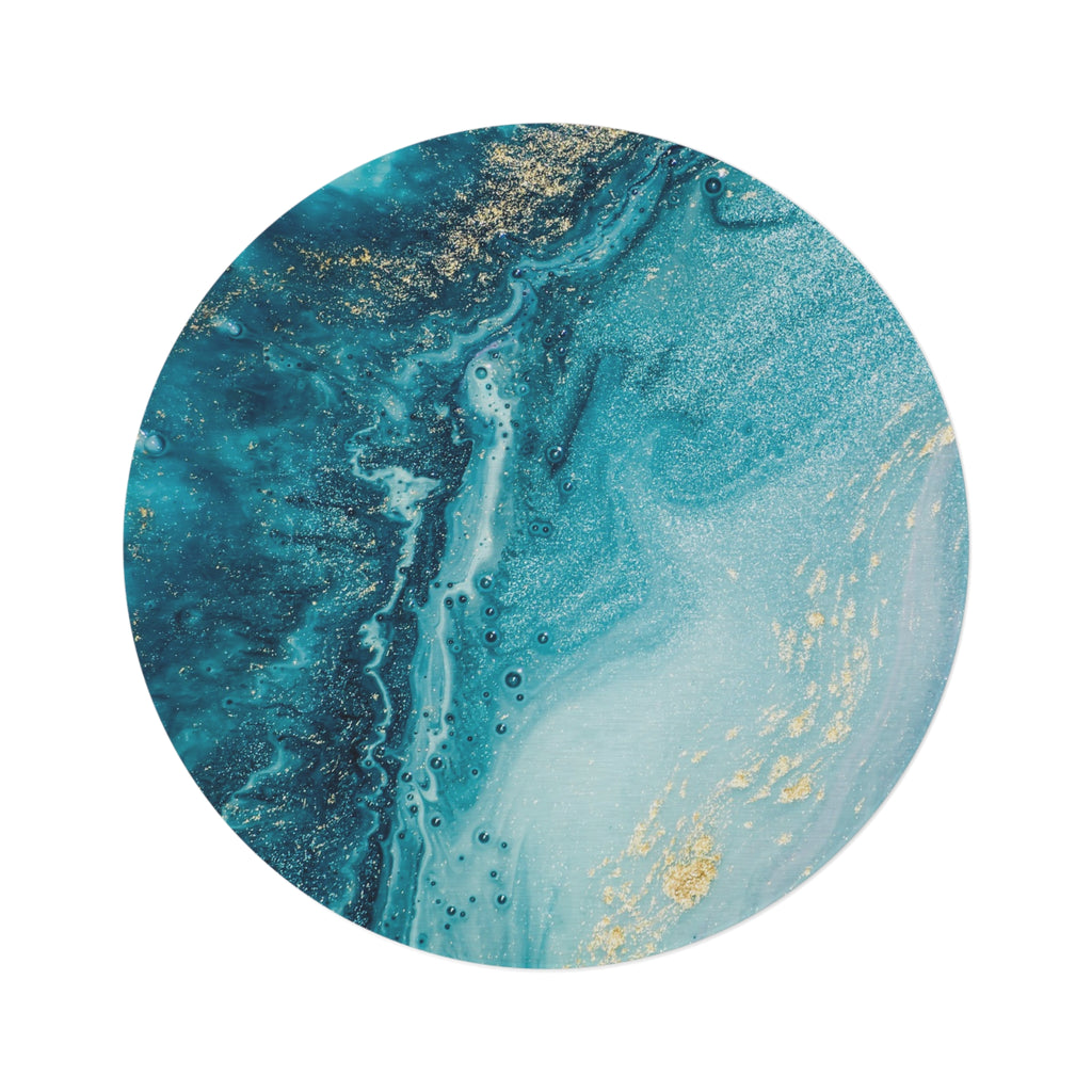 Teal Marble Round Rug – Ocean-Inspired Circular Area Rug with Gold Accents