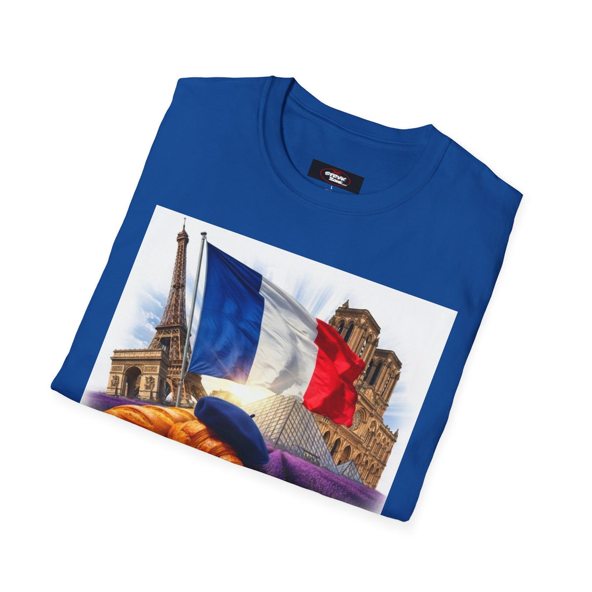French Flag & Landmark T-Shirt — Eiffel Tower, Notre-Dame & Croissant Graphic