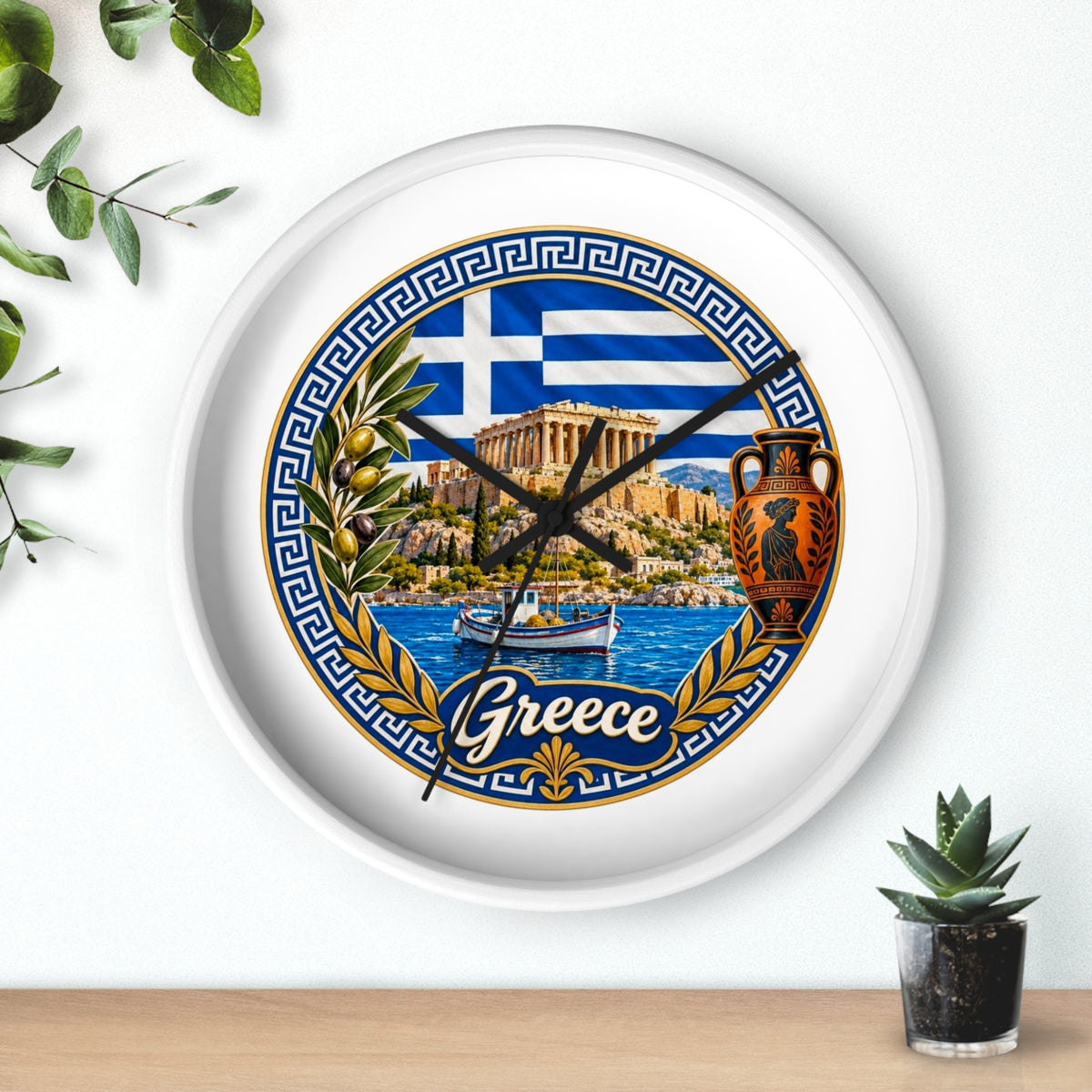 Greece Decorative Wall Clock — Parthenon, Olive Branch & Greek Flag Design