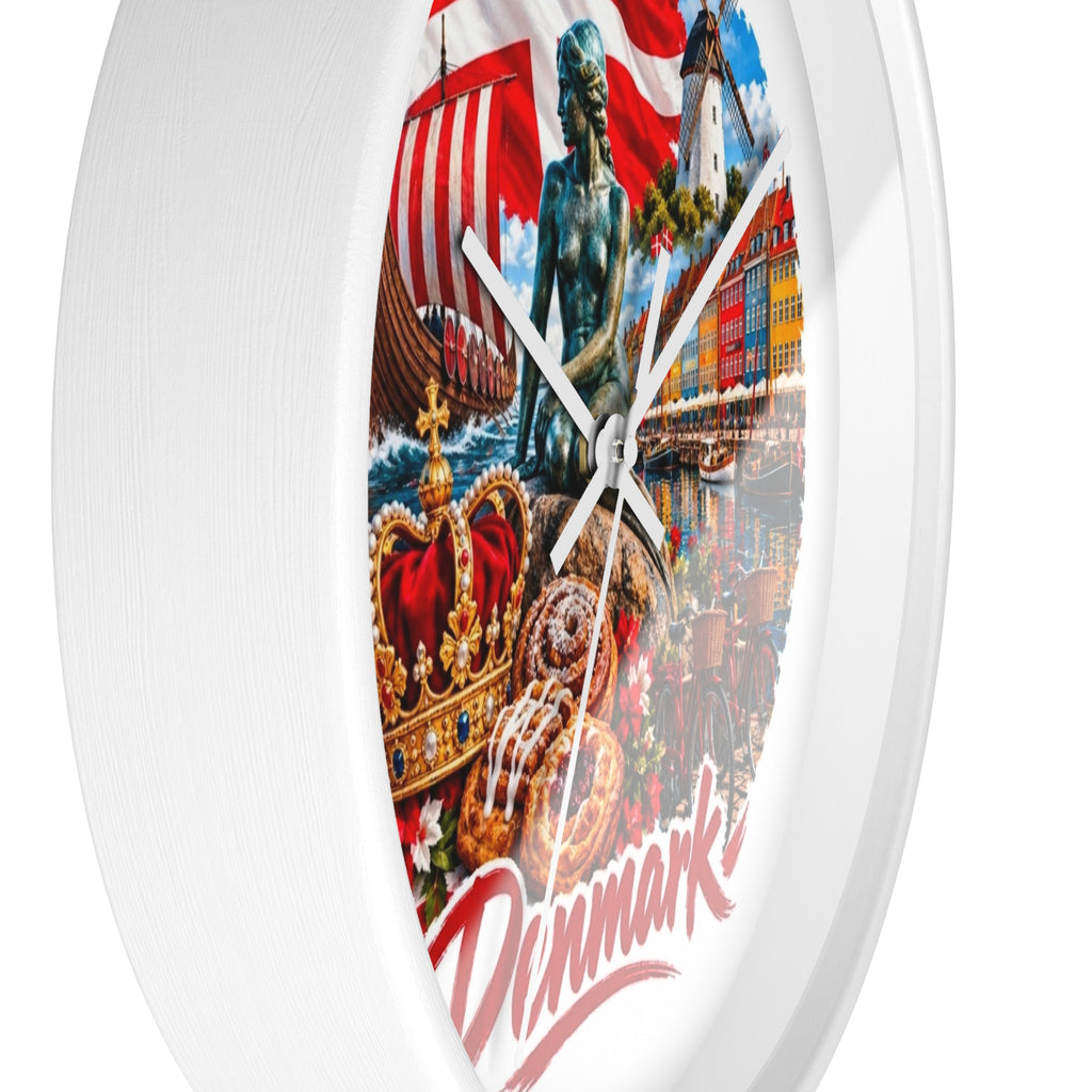 Denmark Wall Clock — Copenhagen Icons: Little Mermaid, Nyhavn, Viking Longship & Danish Pastries
